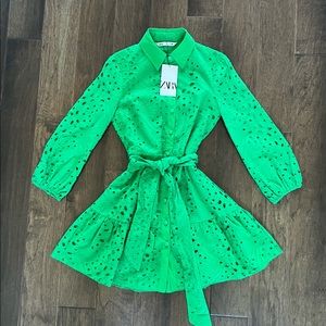 🔥ZARA WOMEN SHORT DRESS WITH CUTWORK EMBROIDERY TIED BELT GREEN 3165/919 size s